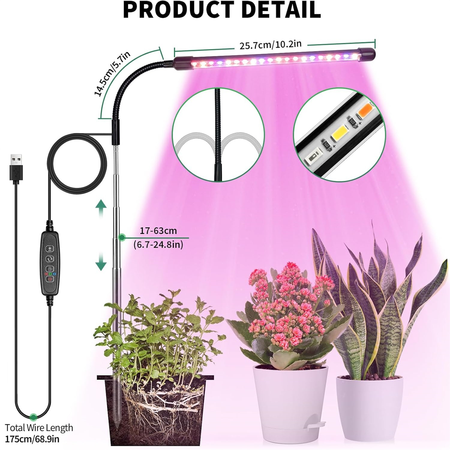 Plant Grow Light Full Spectrum - Lámpara de cultivo USB de 3
